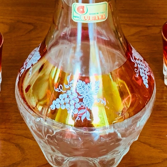 Ruby Red & clear glass cut tall decanter & cordials with grapes print 8 Pc set - Picture 8 of 11